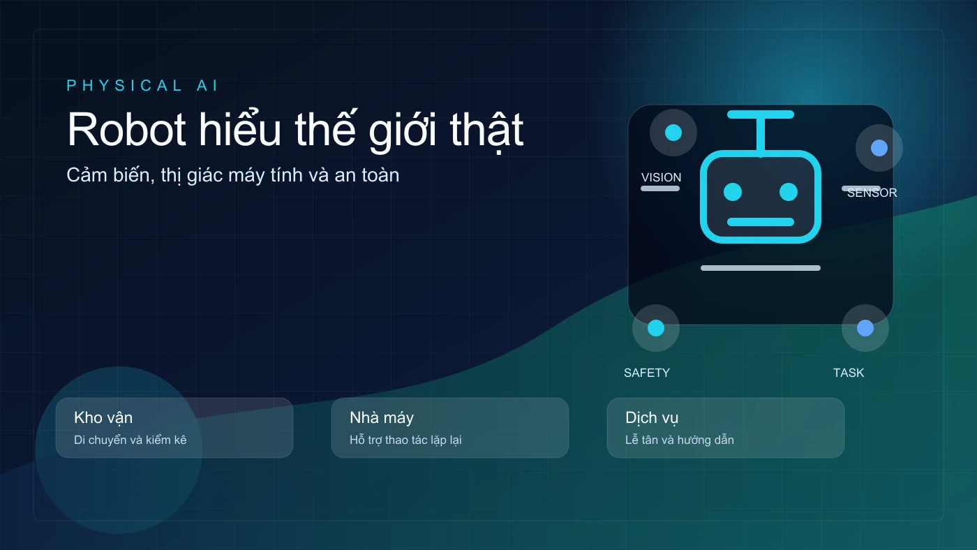Robot hình người và AI vật lý trong nhà máy, kho vận và dịch vụ